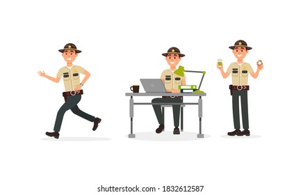 Male Sheriff in Police Uniform Running and Drinking Coffee with Doughnut Vector Illustration Set