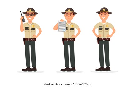 Male Sheriff In Police Uniform Standing With Warrant Paper And Walkie-talkie Vector Illustration Set