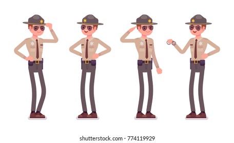 Male sheriff standing. Chief executive officer wearing official uniform performing judicial functions. Law and justice concept. Vector flat style cartoon illustration isolated on white background