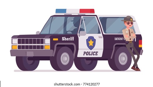 Male sheriff standing near car. Chief executive officer wearing official uniform and large off road vehicle. Law, justice concept. Vector flat style cartoon illustration isolated on white background