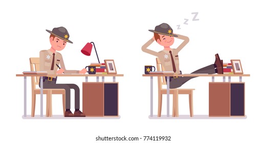 Male sheriff working at desk and resting. Chief executive officer wearing official uniform in routine duty. Law and justice concept. Vector flat style cartoon illustration isolated on white background
