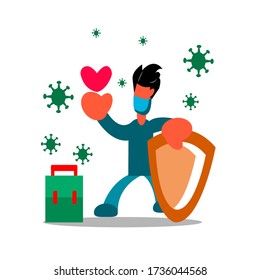 Male with a shield protecting against coronavirus. Concept of epidemic or pandemic. Vector illustration