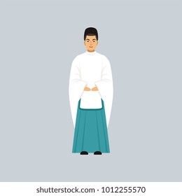 Male Shinto priest in traditional clothing, representative of religious confession vector Illustration