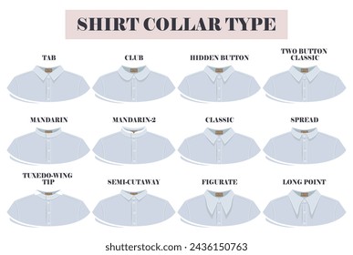 Collar de camisa masculina tipos, formas y formas conjunto de colección. Ropa de hombre clásica de diseño casual de la ilustración vectorial de ropa popular