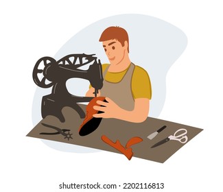 A male shoemaker collects the top of the shoe, sews it on a sewing machine. Fashion designer, shoe repairman. Shoe tailoring concept. Vector illustration.