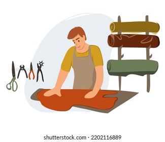 A male shoemaker cuts out details for a future product. Fashion designer, shoe repairman. Leather products with their own hands. Shoe tailoring concept. Vector illustration.