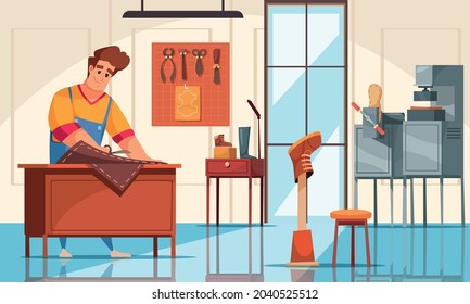 Male shoemaker cutting leather with scissors at modern shoe repair shop cartoon vector illustration