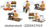 Male shoemaker in the process of making shoes. Fashion designer, shoe repairman in shoe store, training courses or master class. shoe tailoring concept. Set. Flat vector.