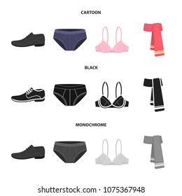Male shoes, bra, panties, scarf, leather. Clothing set collection icons in cartoon,black,monochrome style vector symbol stock illustration web.