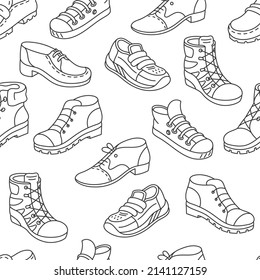 Male shoes seamless pattern background. Different types of shoes shop assortment.
