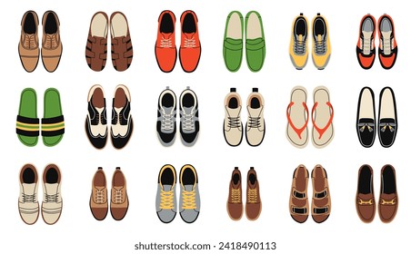 La vista superior de los zapatos masculinos. Calzado de moda de diferentes tipos para hombres. Panecillos, zapatillas, botas y chanclas. Accesorios elegantes arriba. Ilustración aislada plana de dibujos animados, conjunto de vectores ordenados