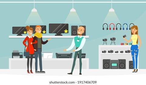 Male Shop Assistant Helping People Choose Electronics at Shopping Mall, Modern Electronics Store or Shop Interior Vector Illustration