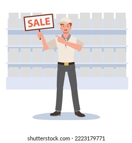 A male shop keeper holding a promotional sale advertisement placard at grocery store or supermarket. Vector illustration