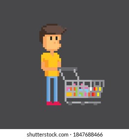 Male shopper with a full shopping cart. Pixel art. Old school computer graphic. 8 bit video game. Game assets 8-bit sprite. 16-bit.