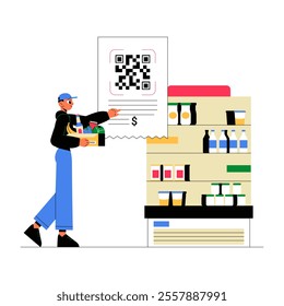 Male Shopper Scanning QR Code In Flat Vector Illustration Symbolizing Digital Payment, Shopping Convenience, And Technology, Isolated On White Background