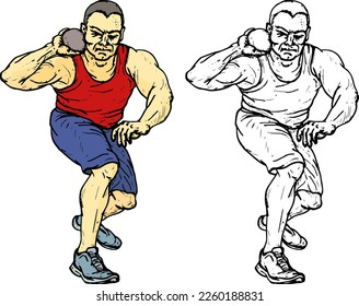 Male shot putter recoil to throw a shotput ball, isolated against white. Hand drawn vector illustration.