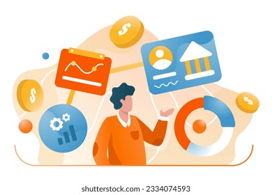 Male showing different virtual coins, bank account and charts. Bank investments and savings. Concept of secure mobile banking services, money investment. Flat vector illustration in cartoon style