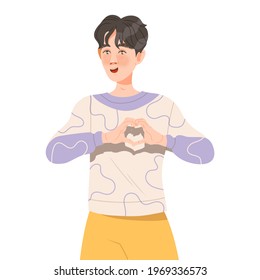 Male Showing Hand Heart Gesture Feeling Happiness and Excitement Vector Illustration