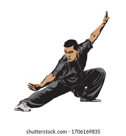 Male showing the rack position Wushu. Art of wushu. Vector illustration.