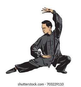 Male showing the rack position Wushu. Art of wushu. Vector illustration.