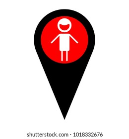 Male sign illustration. Vector. Flat white icon in red circle at black marker on white background. Isolated.