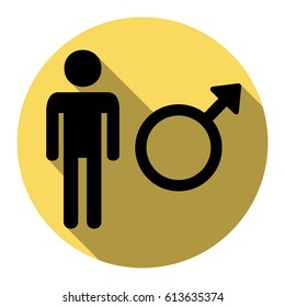 Male sign illustration. Vector. Flat black icon with flat shadow on royal yellow circle with white background. Isolated.