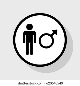Male sign illustration. Vector. Flat black icon in white circle with shadow at gray background.