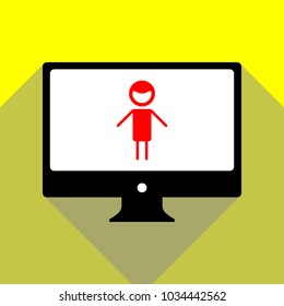 Male sign illustration. Vector. Red icon on white monitor of black all-in-one desktop computer with two shadows at yellow background.