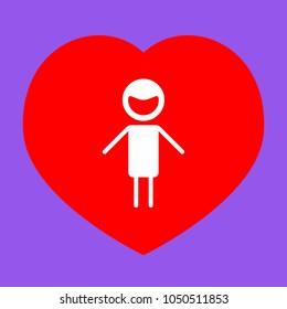 Male sign illustration. Vector. White icon in red heart at lavender background.