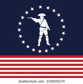 Male silhouette in antique American costume of the 18th-19th century. A graphic elegant portrait of a young soldier with flag, cavalier for design, illustrations, decoupage, scrapbook, prints