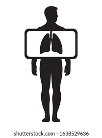 Male silhouette with the designation of the lungs. Fluorography. Chest x-ray. Vector illustration. Pulmonary System. Human hold monitor screen and show imaging of Skeleton Lung Tuberculos prevention.