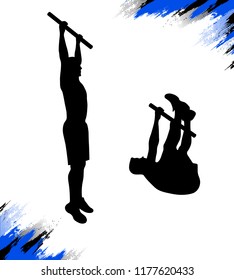 Male silhouette doing toes to bar crossfit exercise. Vector illustration isolated on white.