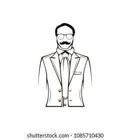 Male silhouette. Groom, Fathers day. Elegant costume, Necktie, mustache, Glasses. Accessory, Fathers day symbols. Design elements. Vector illustration.