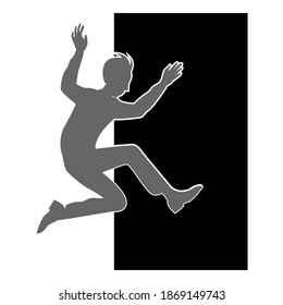 A male silhouette jumps through a dark door. Unknown future, new opportunities. Vector isolated black and white illustration.