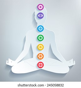 Male silhouette. Meditation and chakras. Vector illustration.