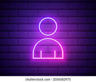 Male silhouette neon light icon. Gentlemen WC door glowing sign. Men's clothes department store. Vector isolated illustration isolated on brick wall