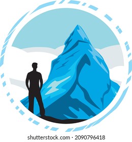Male silhouette on the background of the mountain. Label. Vector