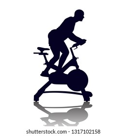 Male silhouette on exercycle in spinning class isolated on white background. Vector illustration for web and printing.