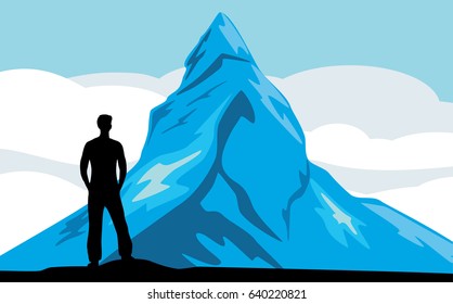 Male silhouette on the mountain background. Vector