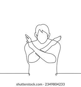 male silhouette showing crossed arms - one line art vector. the concept of prohibition, taboo, ban, outlaw status svg