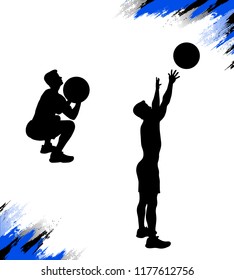 Male silhouette throwing medicine ball (medball) while his crossfit training doing the wall ball exercise. Conditioning and stamina workout. Vector illustration for web and printing. 