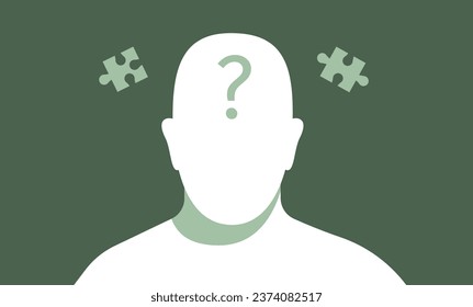 Male silhouette without face. Abstract human head template. Man front view. Piece of puzzle, question mark. Complete the person. Mental health, confusion, questioning concept.