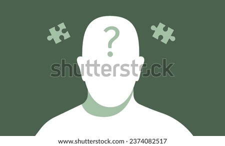 Male silhouette without face. Abstract human head template. Man front view. Piece of puzzle, question mark. Complete the person. Mental health, confusion, questioning concept.