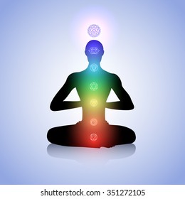 Male silhouette in yoga pose with abstract chakra symbols