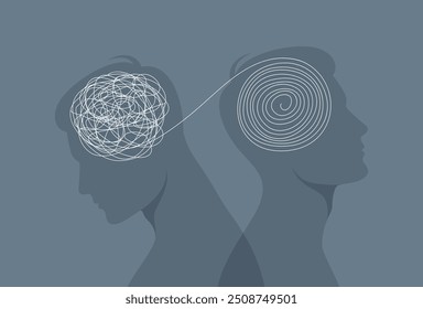 Male silhouettes back to back with tangled and untangled balls in their heads. Flat vector illustration