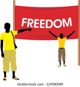 Male silhouettes and demonstration banner. Vector
