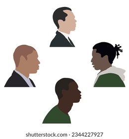 Male silhouettes in profile. A set of men's faces and hairstyles in profile. Simple vector illustration