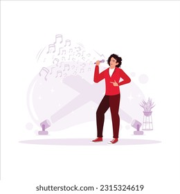 The male singer, appearing on stage, complete with spotlights, sings a song. Trend modern vector flat illustration.