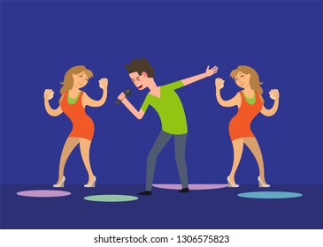 Male singer and dancing girls fan dancers in club vector. Man holding microphone expressing himself, musician giving performance star clubbing party