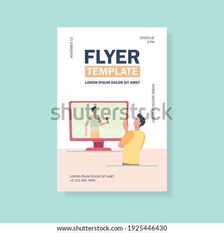 Male singer with mic on TV screen. Excited man watching concert flat vector illustration. Fan, celebrity support, TV show concept for banner, website design or landing web page